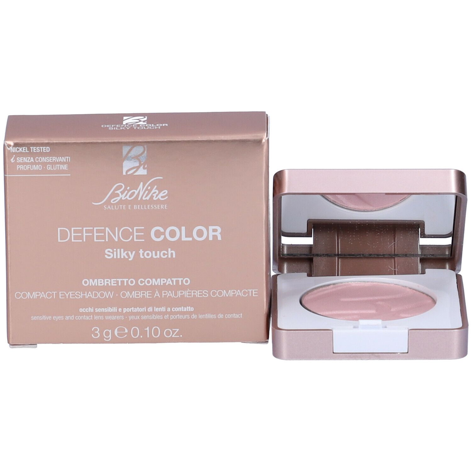 Confezione compatta dorata e scatola con informazioni sul prodotto. Marchio Bionike. Ombretto rosa visibile.