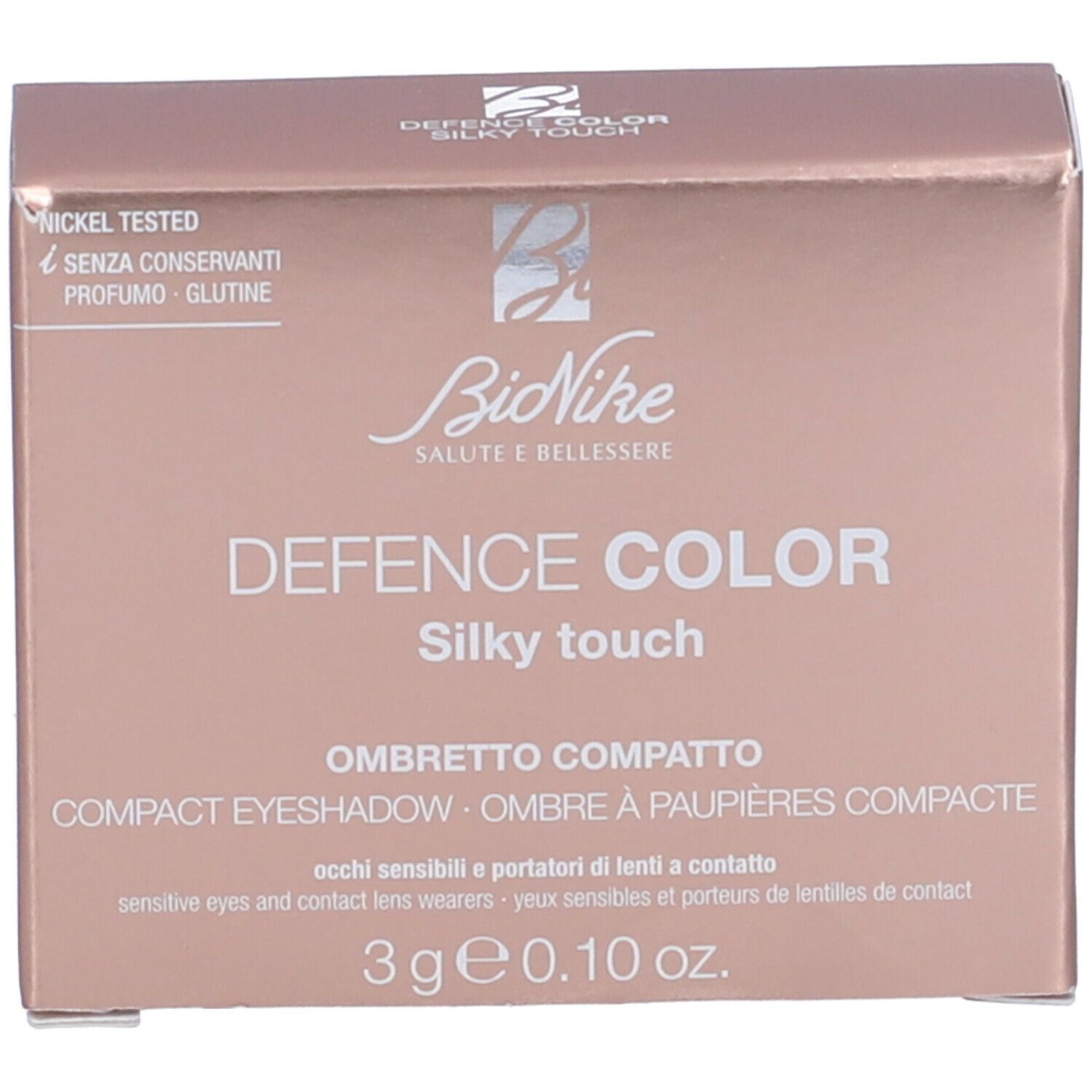 Scatola con informazioni sul prodotto. Marchio Bionike. DEFENCE COLOR, Silky touch, Ombretto Compatto.