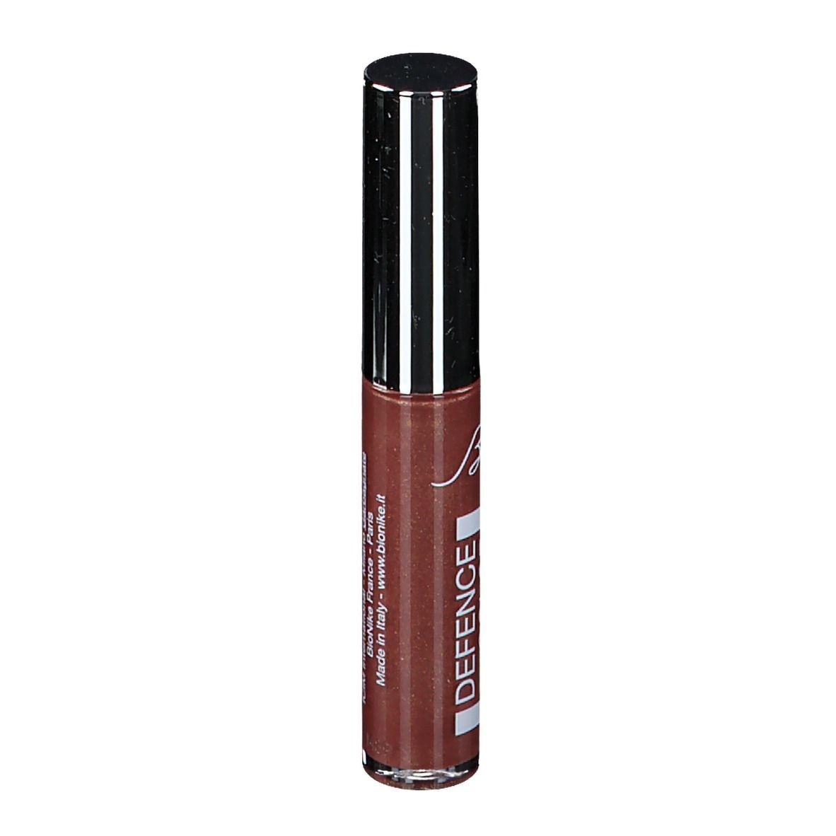 Lucidalabbra marrone con tappo argentato. Scritta: DEFENCE COLOR CRYSTAL LIPGLOSS.