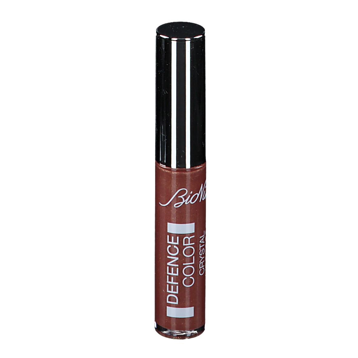 Lucidalabbra marrone con tappo argentato. Scritta: DEFENCE COLOR CRYSTAL LIPGLOSS.