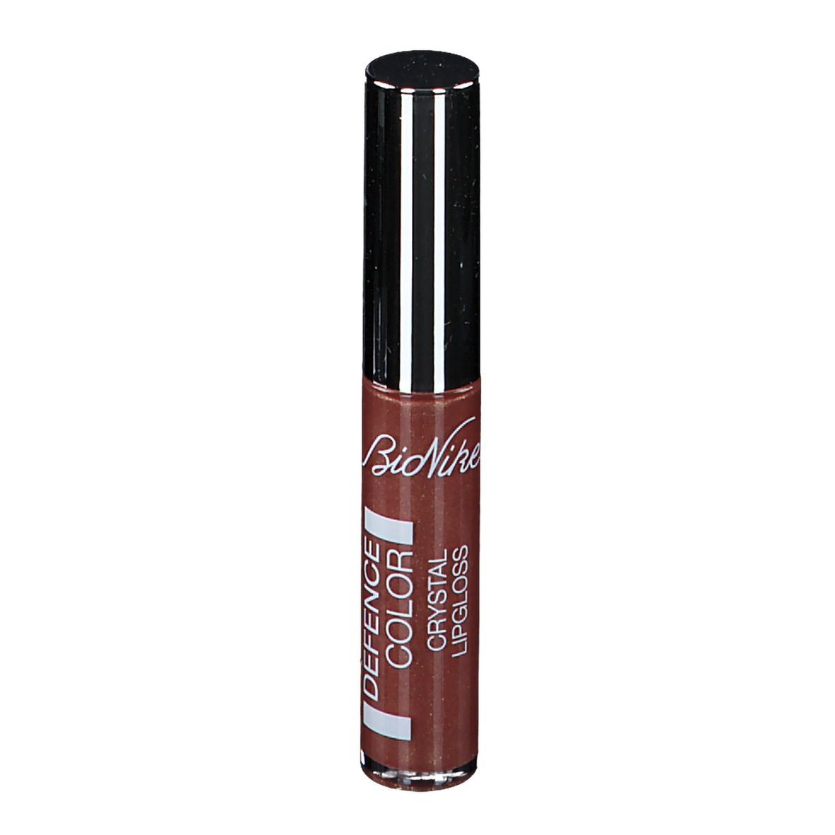 Lucidalabbra marrone con tappo argentato. Scritta: DEFENCE COLOR CRYSTAL LIPGLOSS.