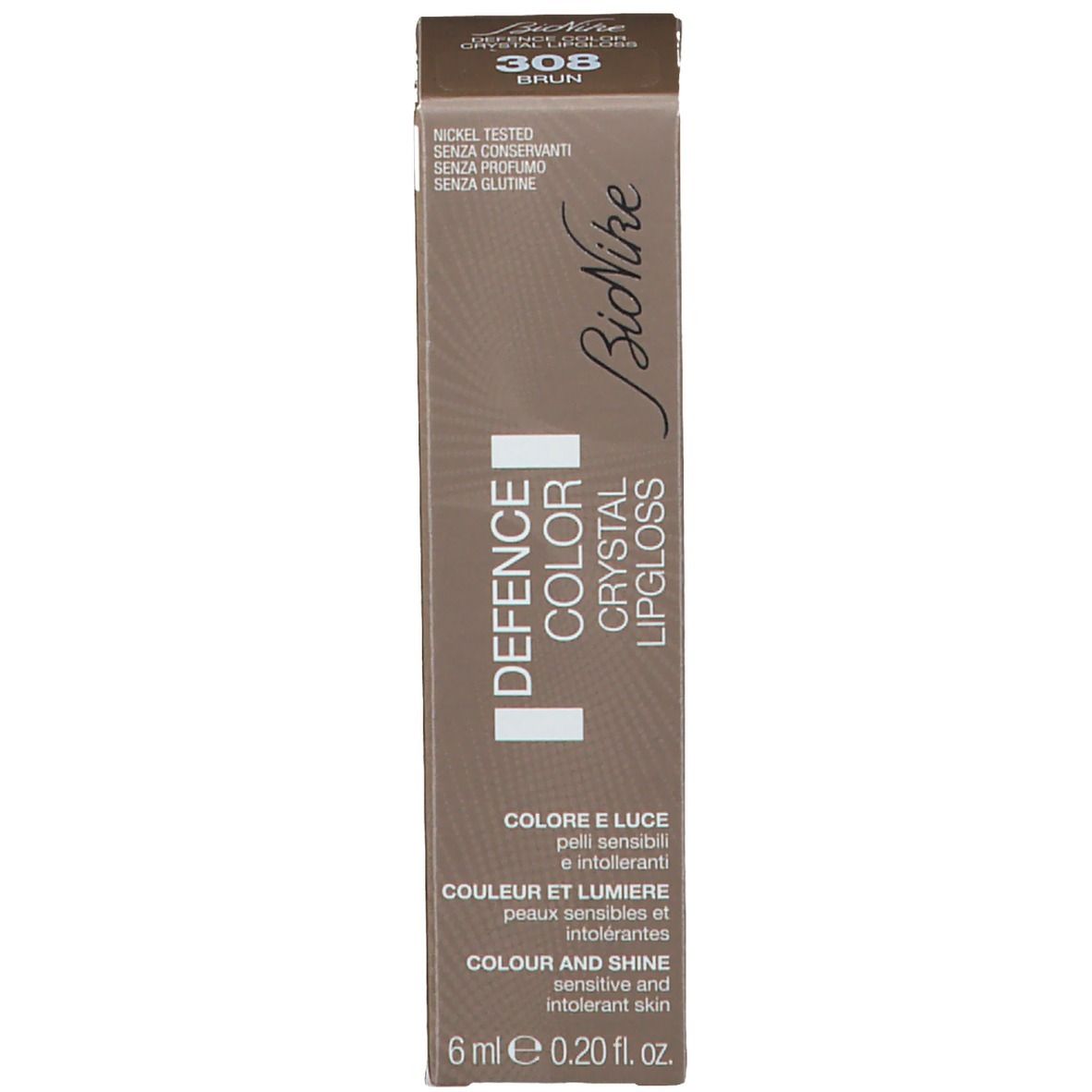 Confezione per lucidalabbra. Scritta: DEFENCE COLOR CRYSTAL LIPGLOSS. Tonalità 308 Marrone.