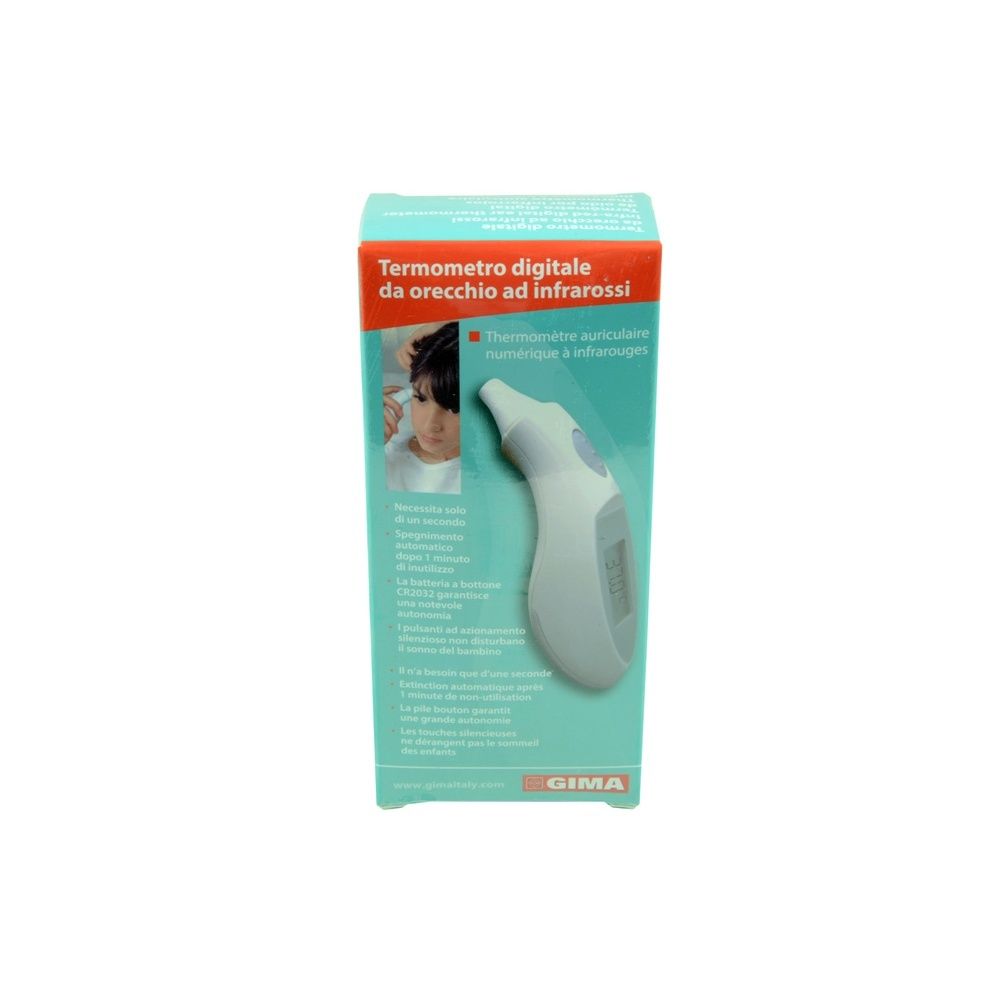 Confezione per termometro auricolare. Scatola turchese e bianca con immagine del prodotto e testo in italiano.