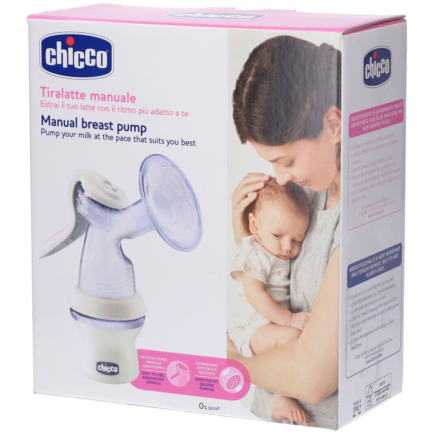 Chicco® Tiralatte Manuale Natural Feeling. Confezione con tiralatte e donna con bambino. Testo: Tiralatte manuale, Manual breast pump.