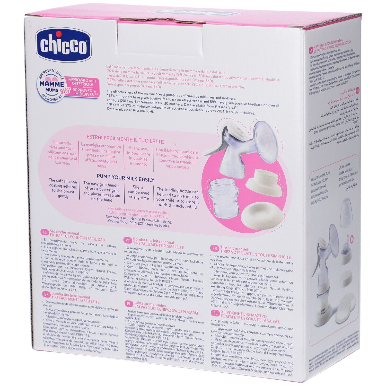 Chicco® Tiralatte Manuale Natural Feeling. Retro della confezione. Testo e illustrazioni dei componenti. Testo: Tiralatte manuale.
