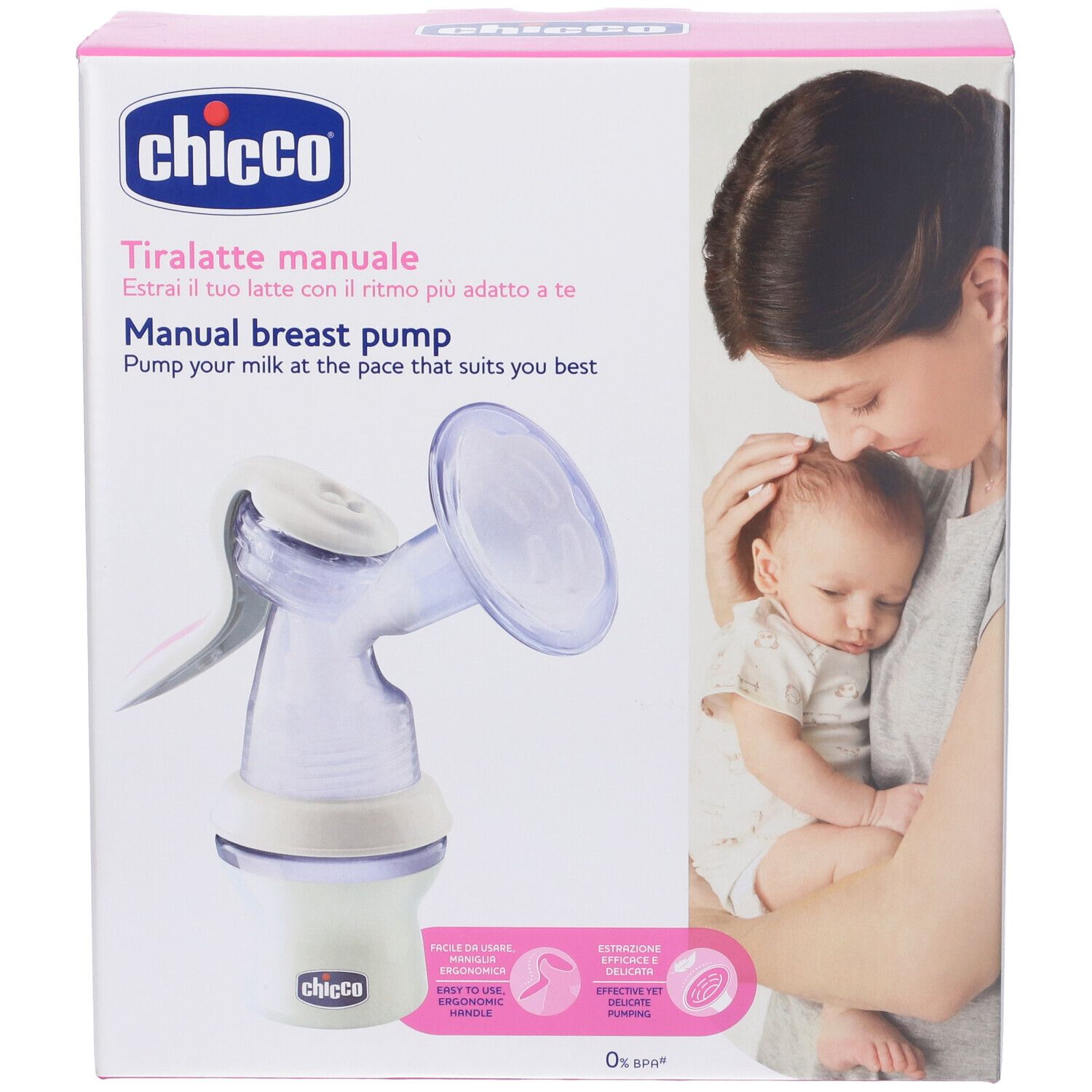 Chicco® Tiralatte Manuale Natural Feeling. Confezione con tiralatte e donna con bambino. Testo: Tiralatte manuale, Manual breast pump.