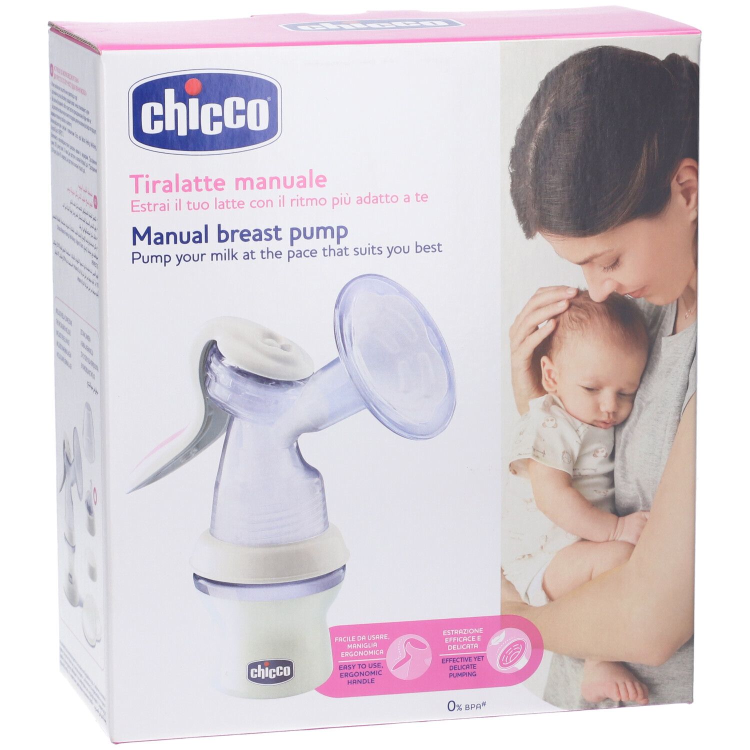 Chicco® Tiralatte Manuale Natural Feeling. Confezione con tiralatte e donna con bambino. Testo: Tiralatte manuale, Manual breast pump.