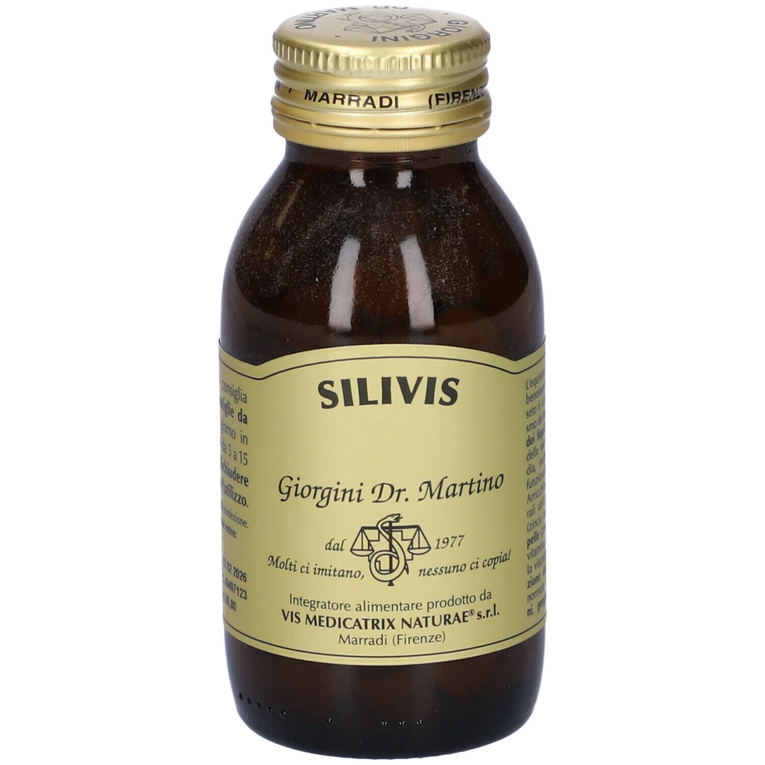 Bottiglia di vetro marrone con tappo dorato. Scritta: Silivis, Giorgio Dr. Martino. Etichetta con testo e logo.