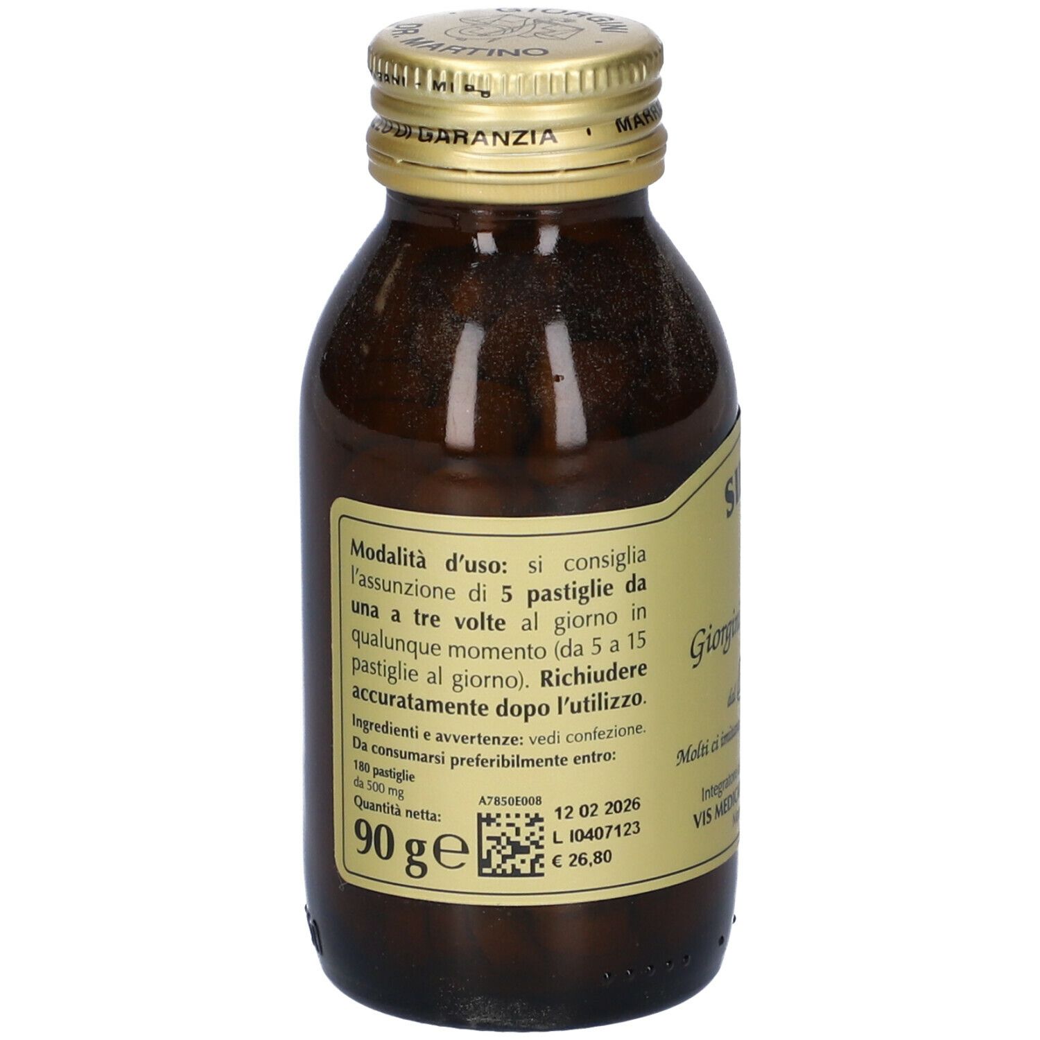 Bottiglia di vetro marrone con tappo dorato. Scritta: Silivis, Giorgio Dr. Martino. Etichetta con testo e logo.