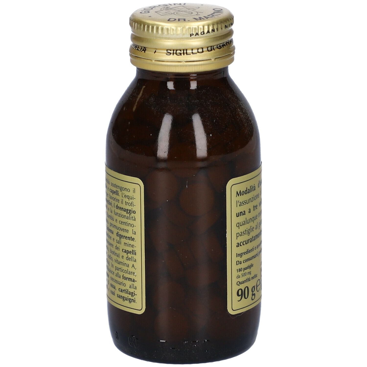 Bottiglia di vetro marrone con tappo dorato. Scritta: Silivis, Giorgio Dr. Martino. Etichetta con testo e logo.