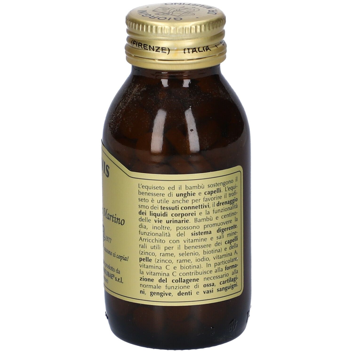 Bottiglia di vetro marrone con tappo dorato. Scritta: Silivis, Giorgio Dr. Martino. Etichetta con testo e logo.