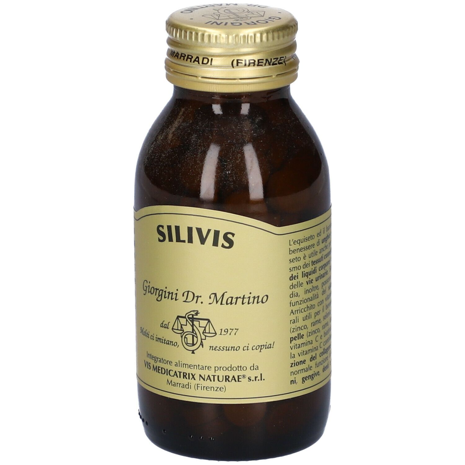 Bottiglia di vetro marrone con tappo dorato. Scritta: Silivis, Giorgio Dr. Martino. Etichetta con testo e logo.