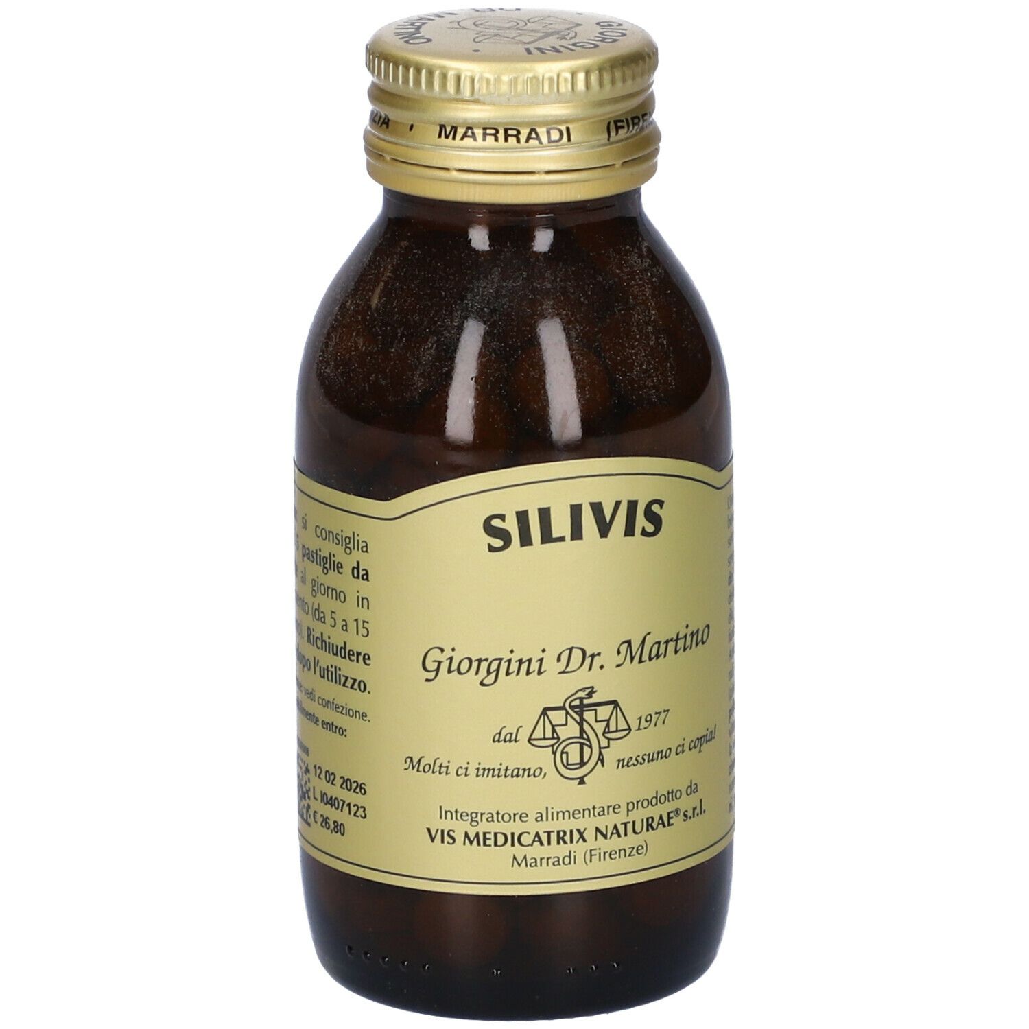 Bottiglia di vetro marrone con tappo dorato. Scritta: Silivis, Giorgio Dr. Martino. Etichetta con testo e logo.