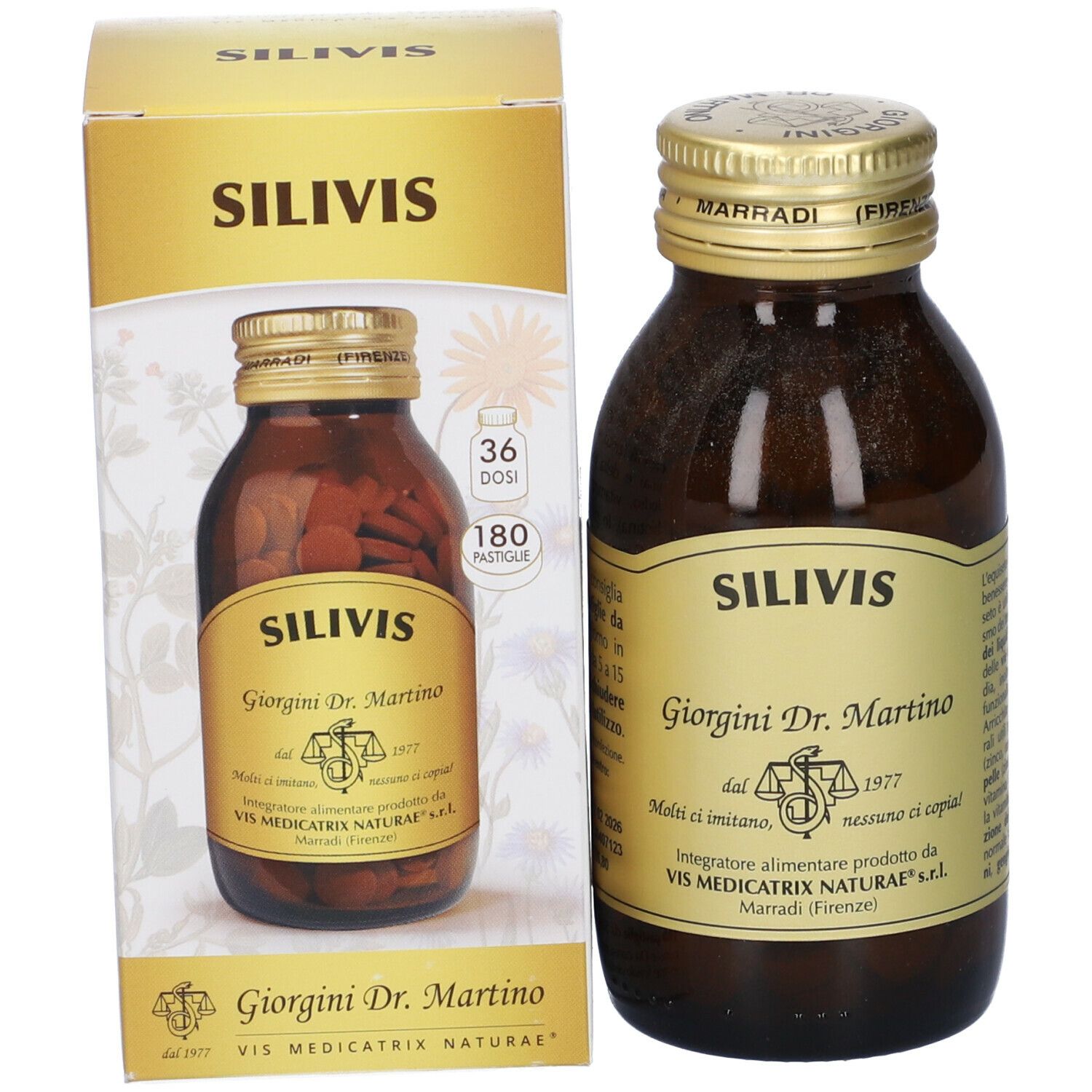 Prodotto Silivis con confezione. Bottiglia di vetro marrone con tappo dorato. Scritta: Silivis, Giorgio Dr. Martino.