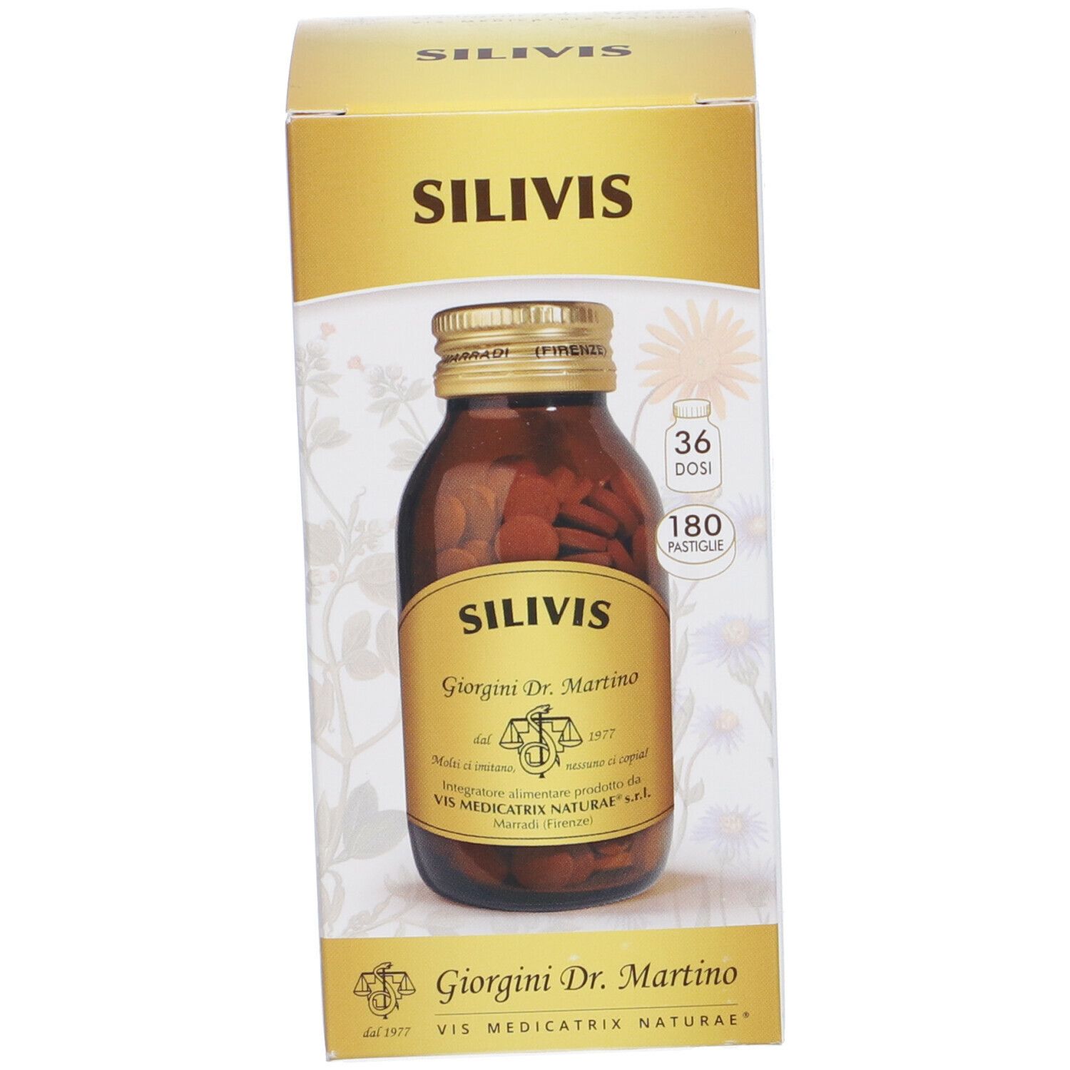 Prodotto Silivis con confezione. Bottiglia di vetro marrone con tappo dorato. Scritta: Silivis, Giorgio Dr. Martino.