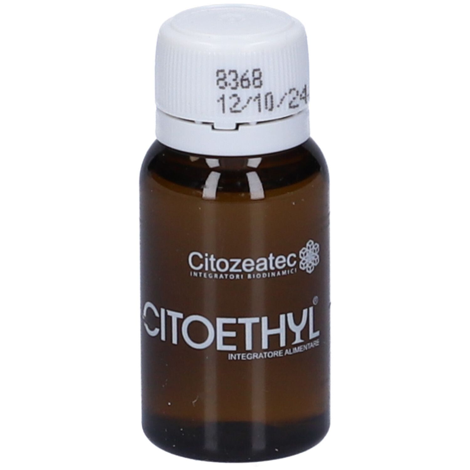 Flacone di vetro marrone con tappo a vite bianco. Scritta CITOETHYL e Citozeatec. Scadenza: 12/10/24.