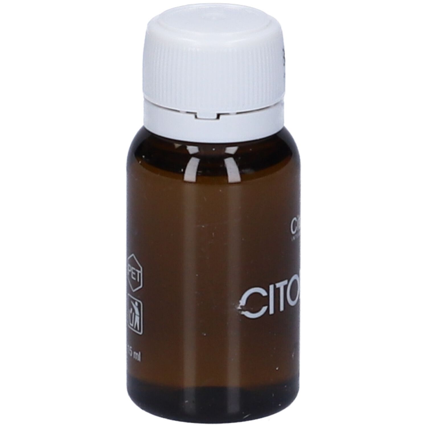 Flacone di vetro marrone con tappo a vite bianco. Scritta CITOETHYL e Citozeatec. Con simbolo PET e 15 ml.