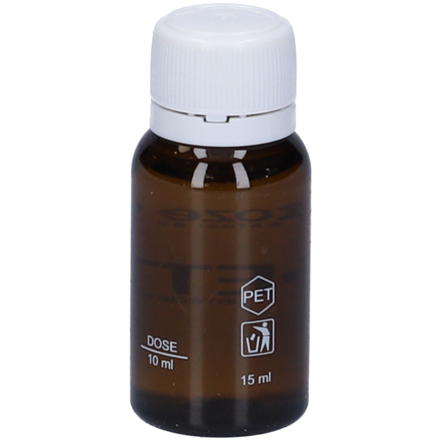 Flacone di vetro marrone con tappo a vite bianco. Scritta CITOETHYL e Citozeatec. Con simbolo PET e 15 ml.