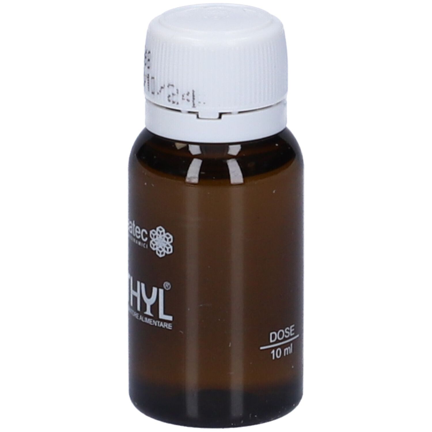 Flacone di vetro marrone con tappo a vite bianco. Scritta CITOETHYL e Citozeatec. Con simbolo PET e 10 ml.
