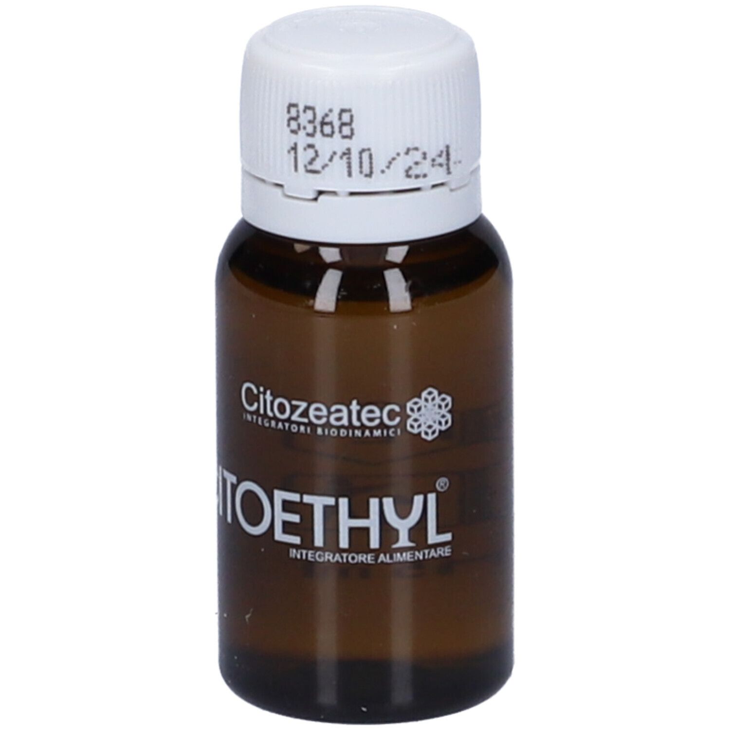 Flacone di vetro marrone con tappo a vite bianco. Scritta CITOETHYL e Citozeatec. Scadenza: 12/10/24.