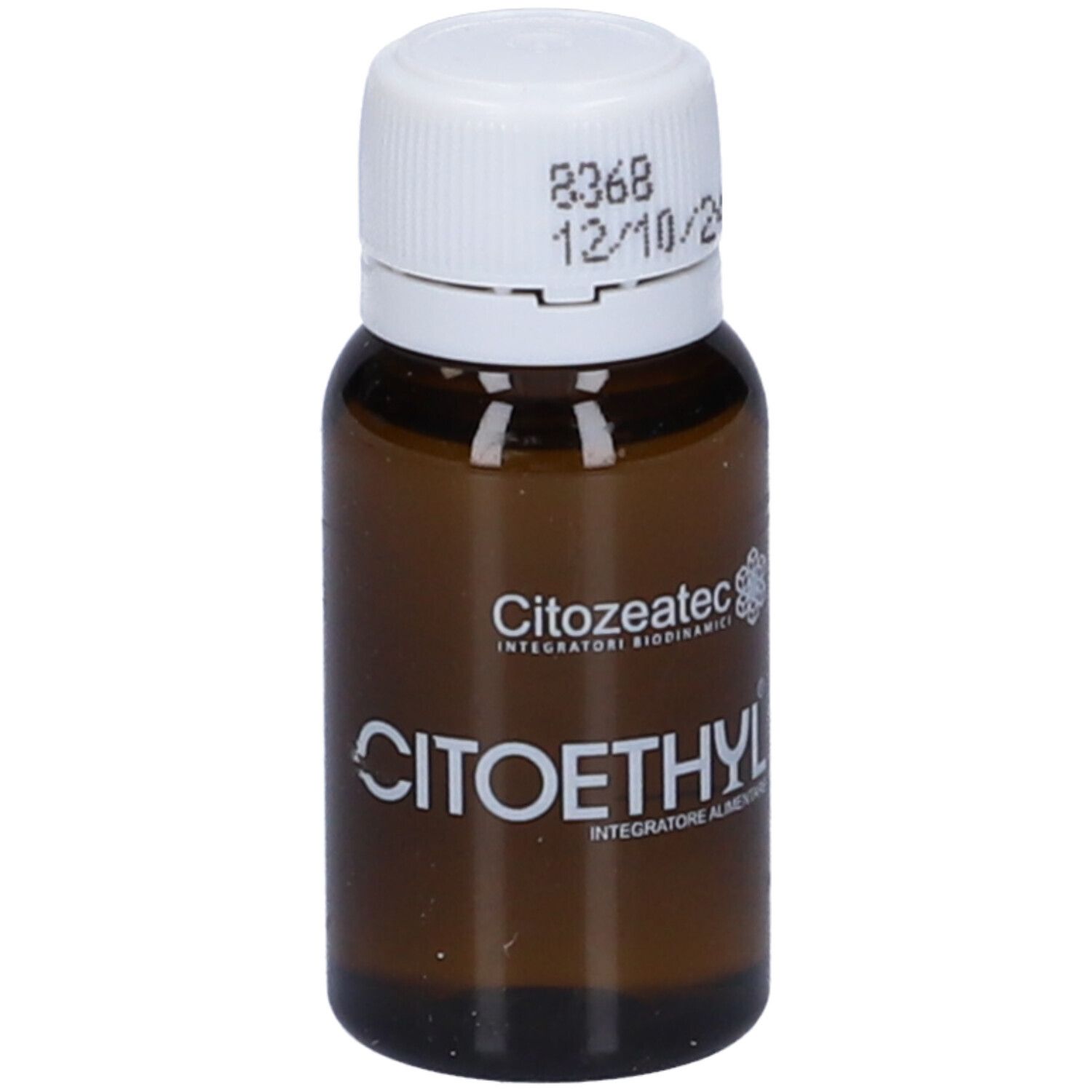 Flacone di vetro marrone con tappo a vite bianco. Scritta CITOETHYL e Citozeatec. Scadenza: 12/10/24.