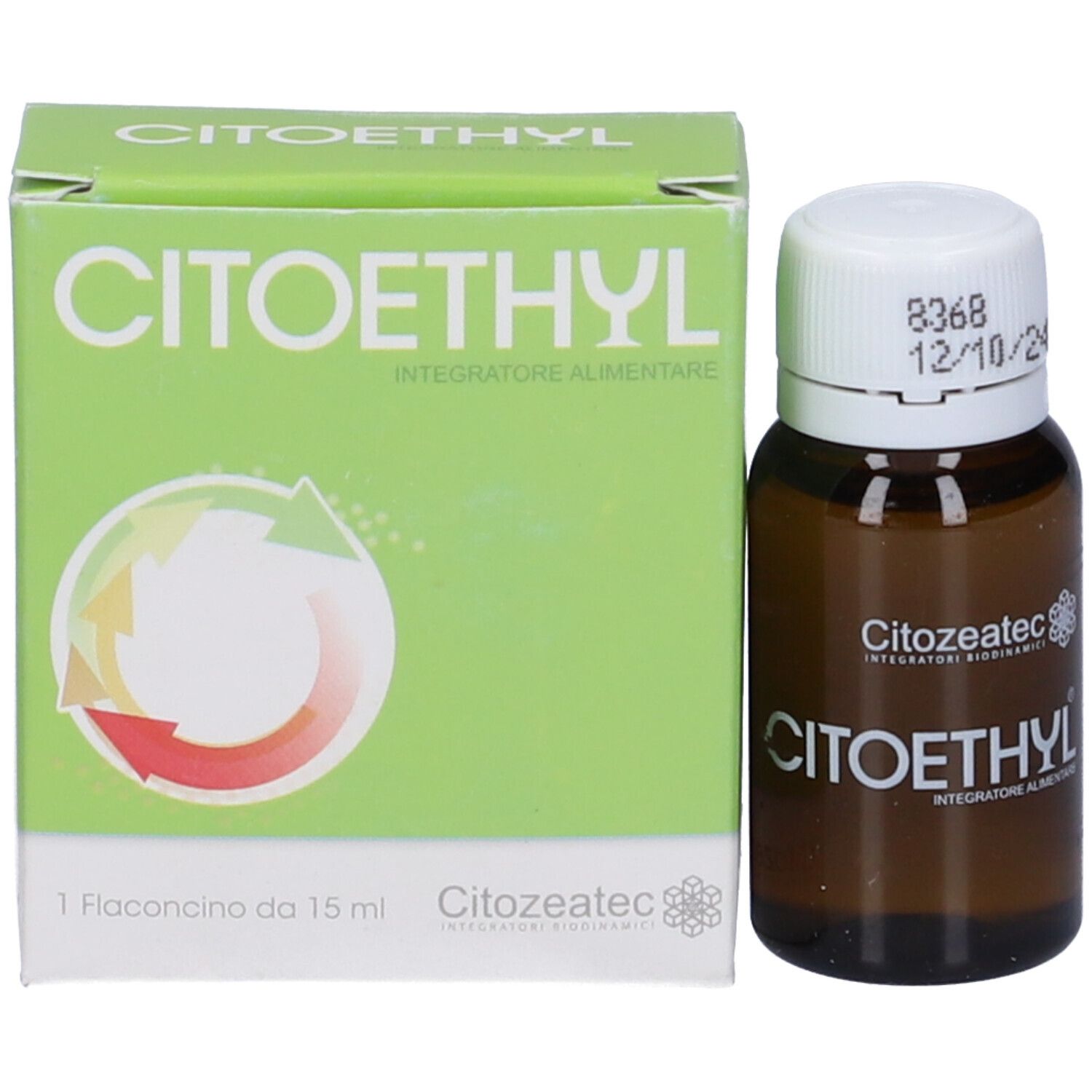 Flacone vetro marrone con tappo bianco e scatola verde. Scritta CITOETHYL e Citozeatec. 15 ml.