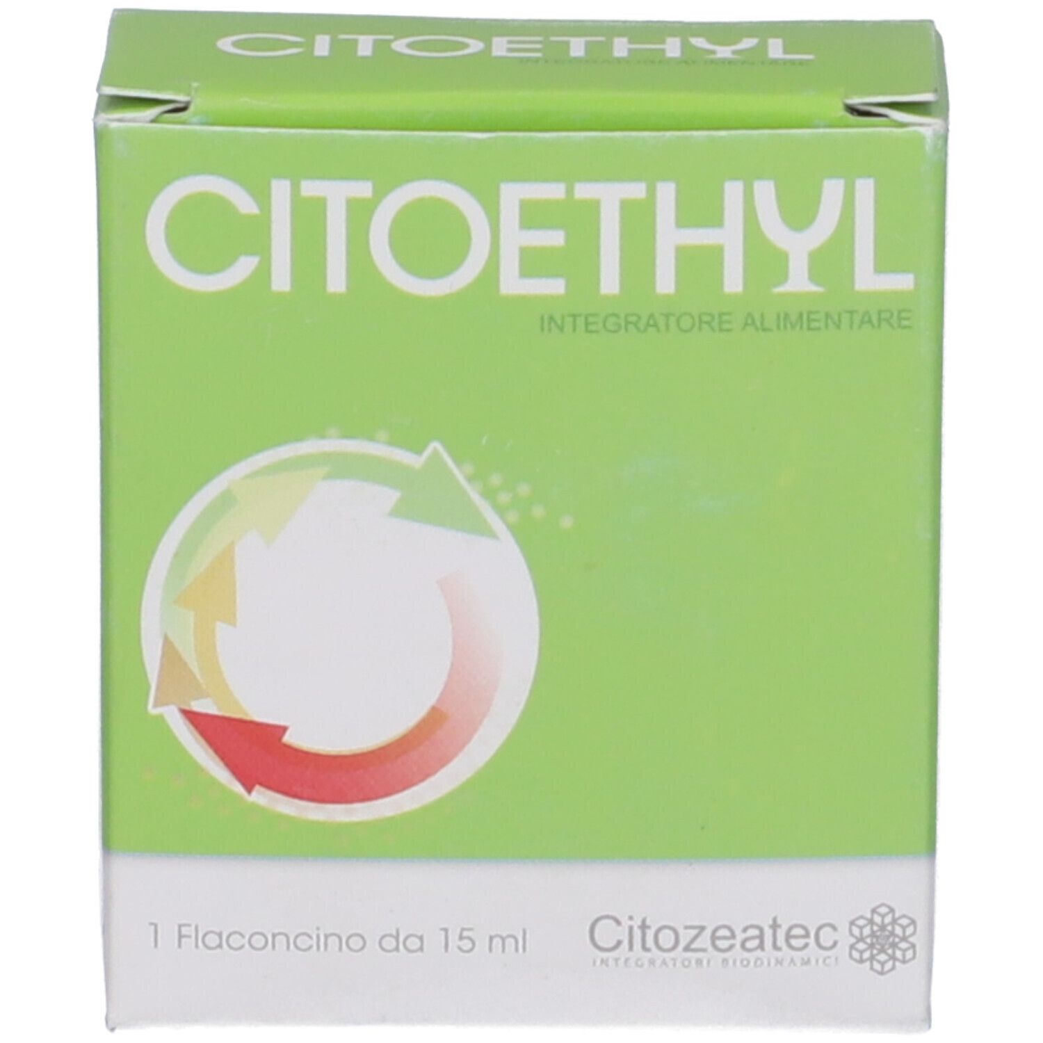 Scatola verde con scritta bianca CITOETHYL. Sotto: 'Integratore Alimentare'. In basso: 1 flaconcino da 15 ml.