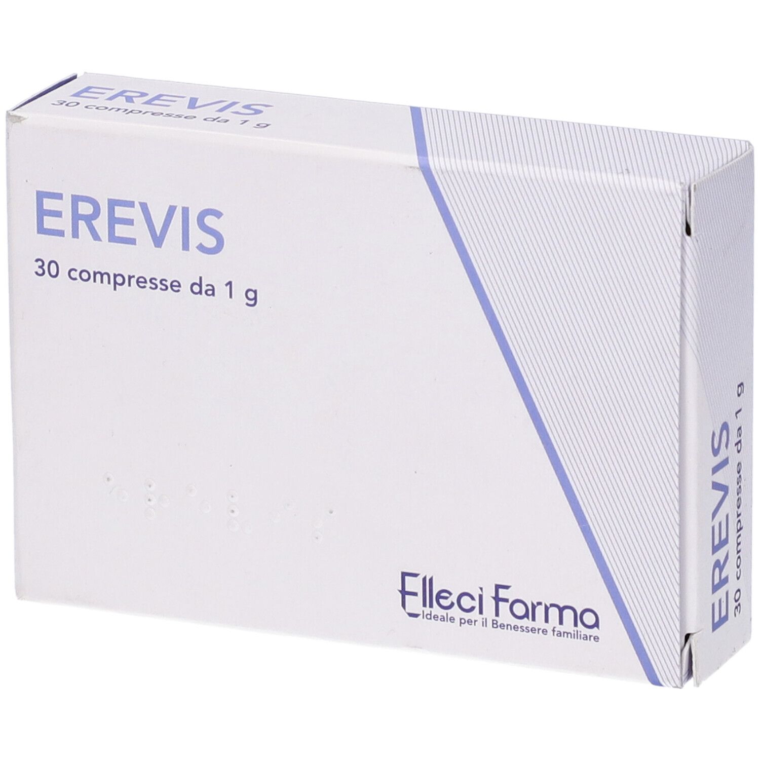 Scatola bianca con nome EREVIS. Testo: '30 compresse da 1 g'. Logo del produttore Filleci Farma. Vista angolata.