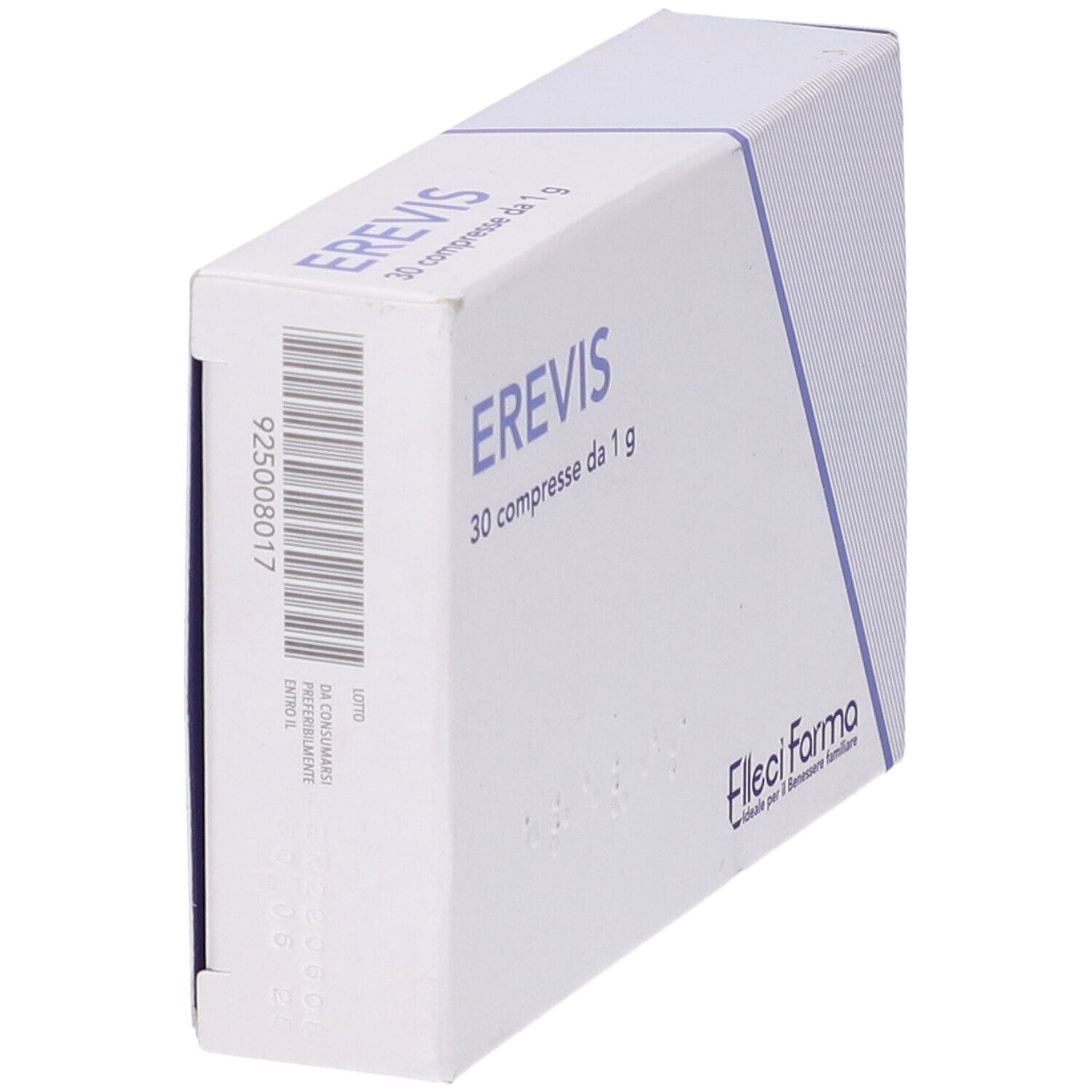 Scatola con nome EREVIS. Testo: '30 compresse da 1 g'. Logo del produttore Filleci Farma. Vista angolata.