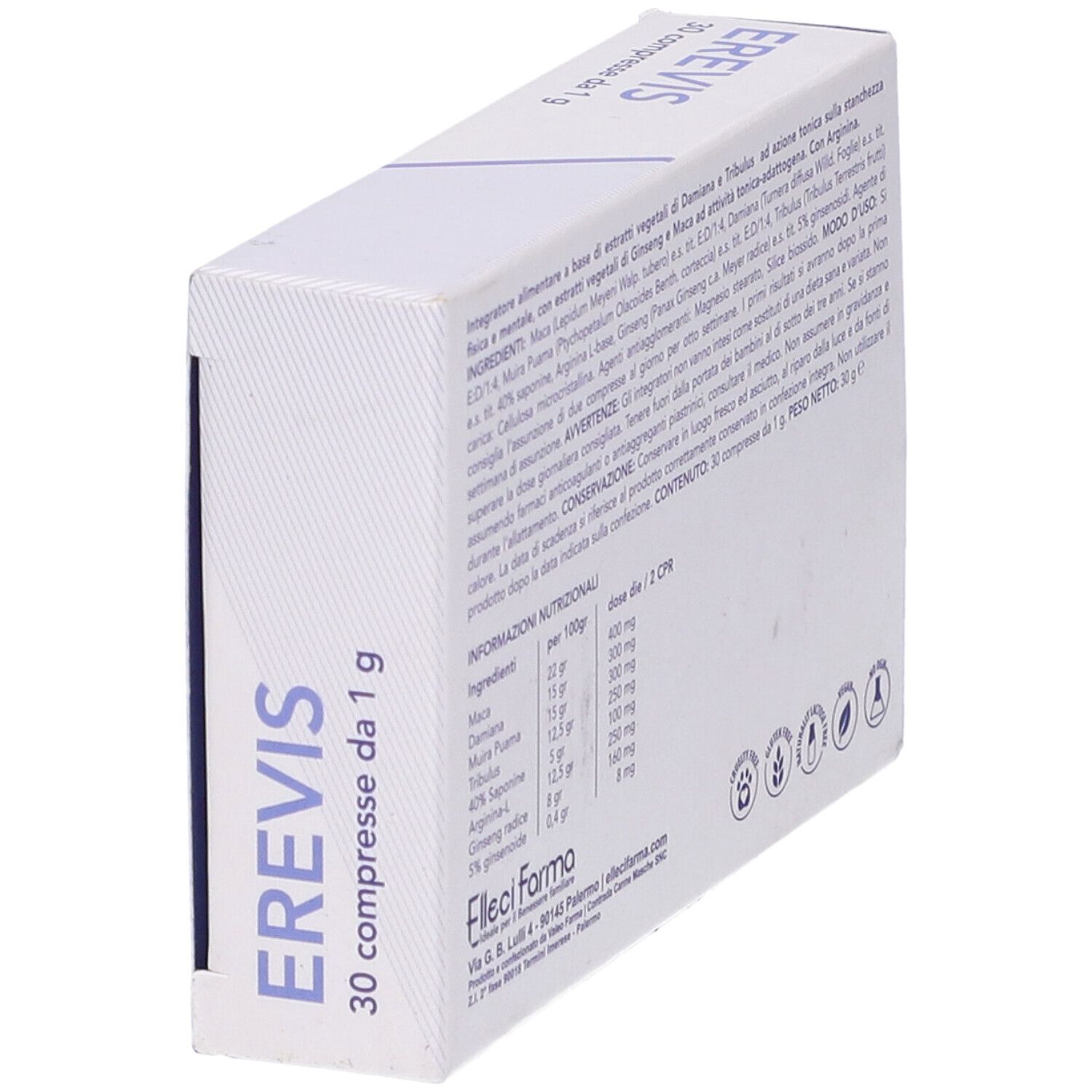 Scatola con nome EREVIS. Testo: '30 compresse da 1 g'. Logo Filleci Farma. Vista angolata.