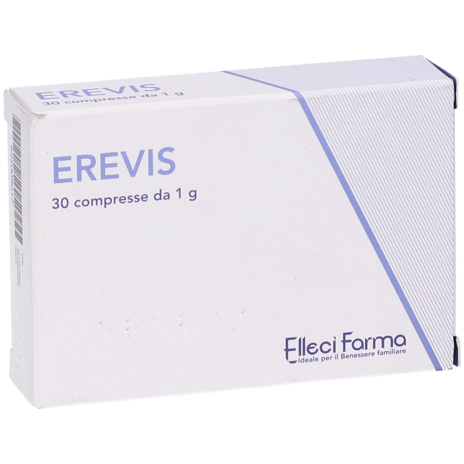 Scatola con nome EREVIS. Testo: '30 compresse da 1 g'. Logo Filleci Farma. Vista angolata.