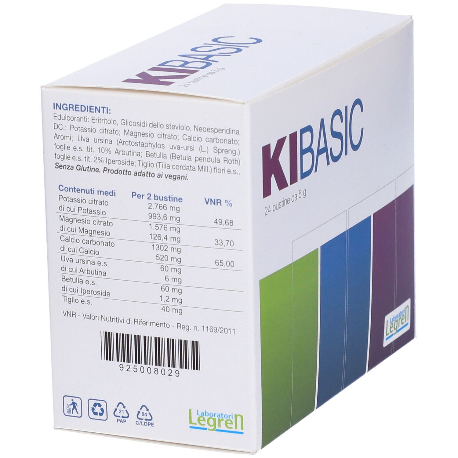 Scatola con elenco ingredienti e informazioni nutrizionali. Nome prodotto e marchio Legren visibili.