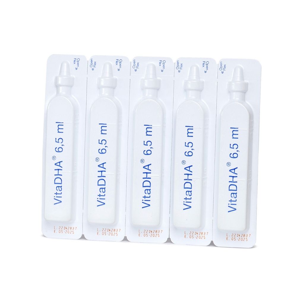 Cinque flaconcini VitaDHA da 6,5 ml in blister.