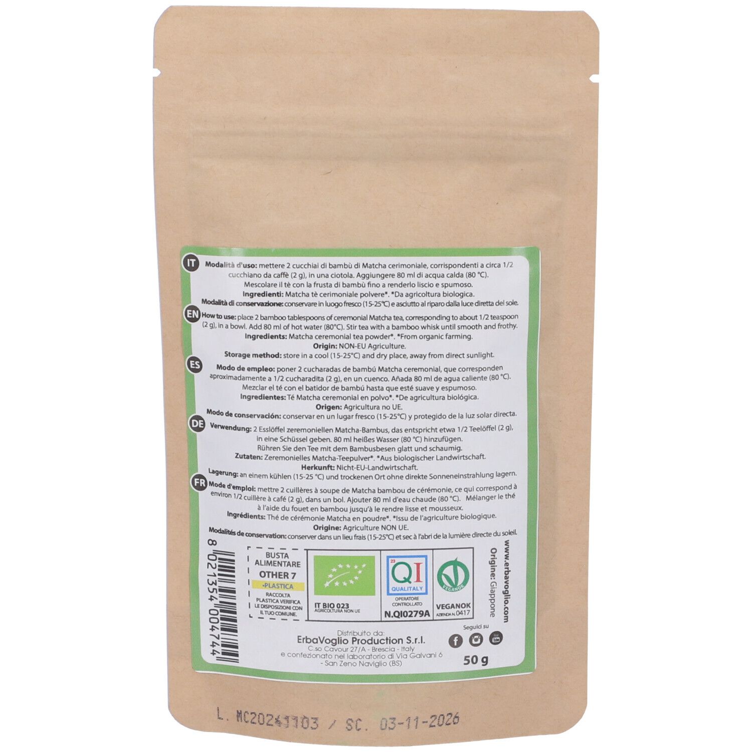 Retro della busta di Matcha Cerimoniale. Testo multilingue, marchio bio e peso: 50g.