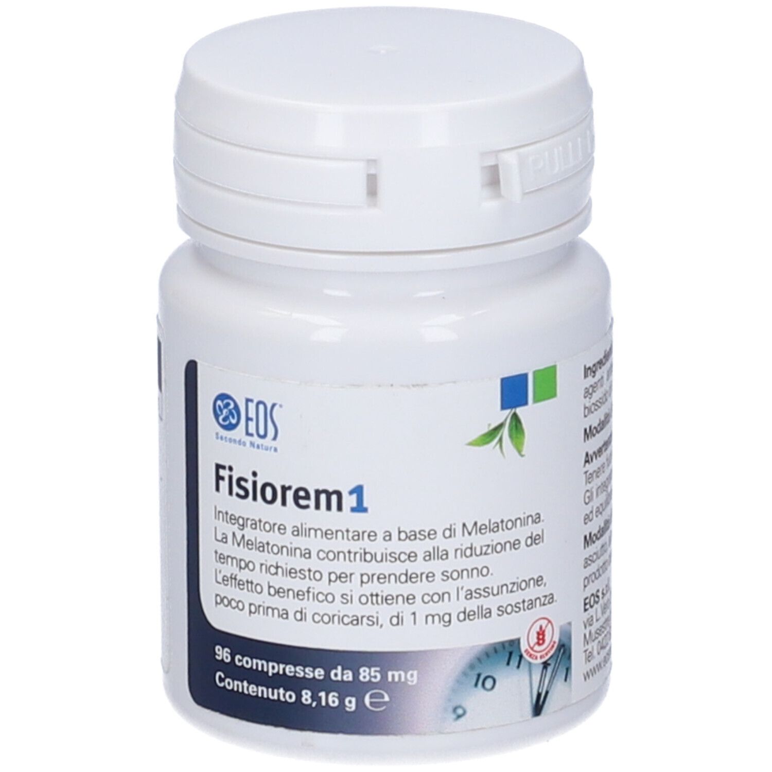 Flacone bianco di compresse con scritta Fisiorem1. 96 compresse. Coperchio con chiusura a scatto.