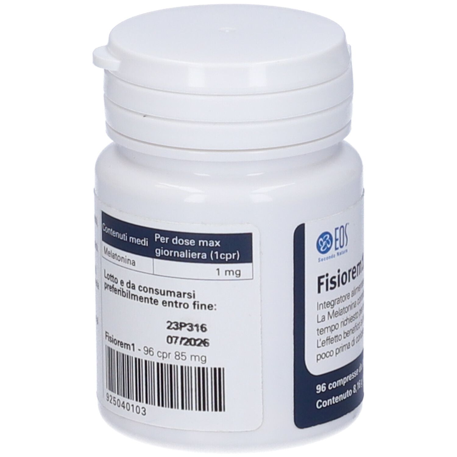 Flacone bianco di compresse con scritta Fisiorem1. 96 compresse. Coperchio con chiusura a scatto.