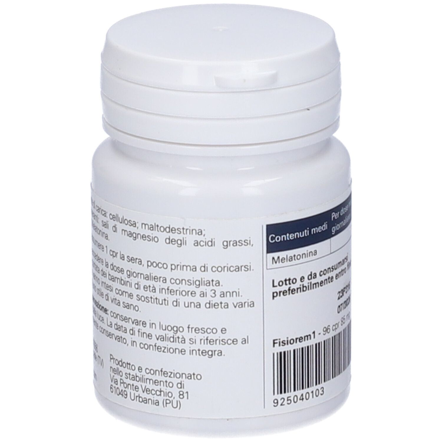 Flacone bianco di compresse con scritta Fisiorem1. 96 compresse. Coperchio con chiusura a scatto.