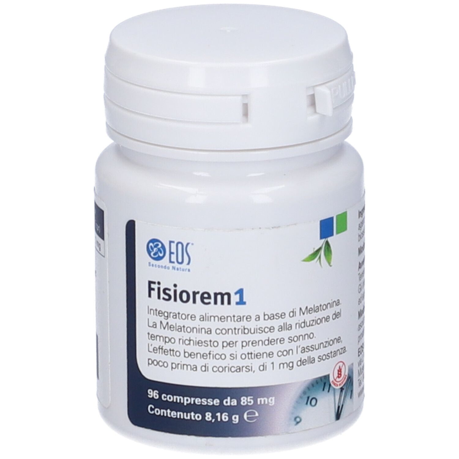 Flacone bianco di compresse con scritta Fisiorem1. 96 compresse. Coperchio con chiusura a scatto.