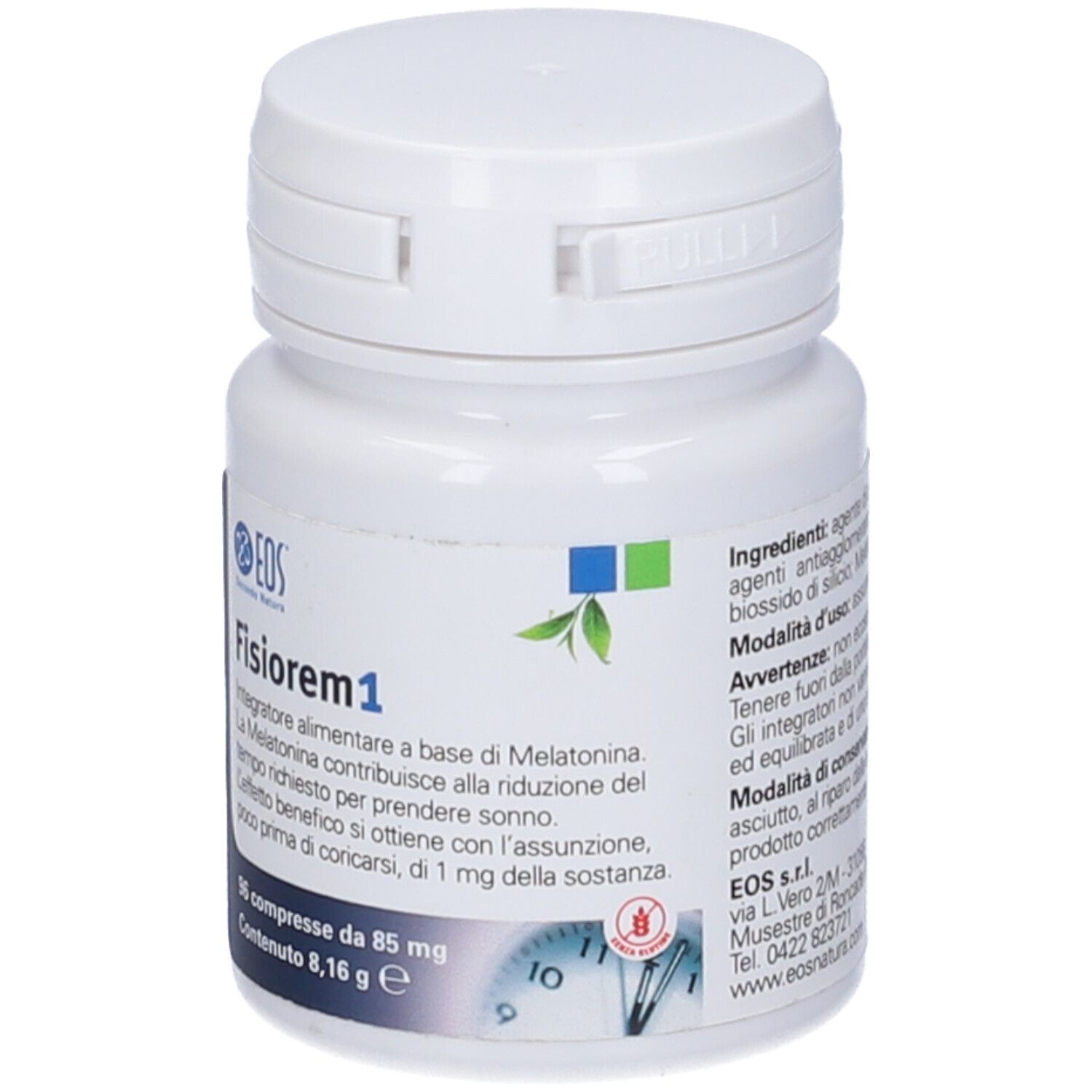 Flacone bianco di compresse con scritta Fisiorem1. 96 compresse. Coperchio con chiusura a scatto.