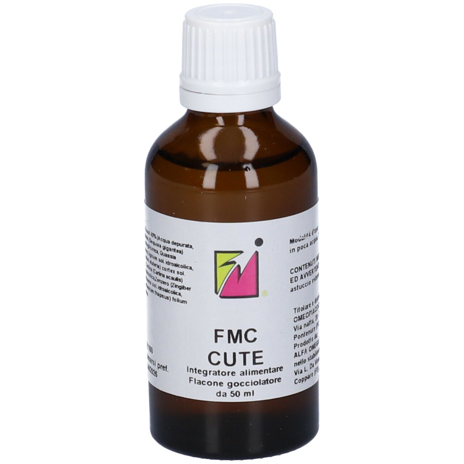 Flacone di vetro marrone con tappo bianco. FMC Cute Gocce Orali 50ml. Etichetta con testo.