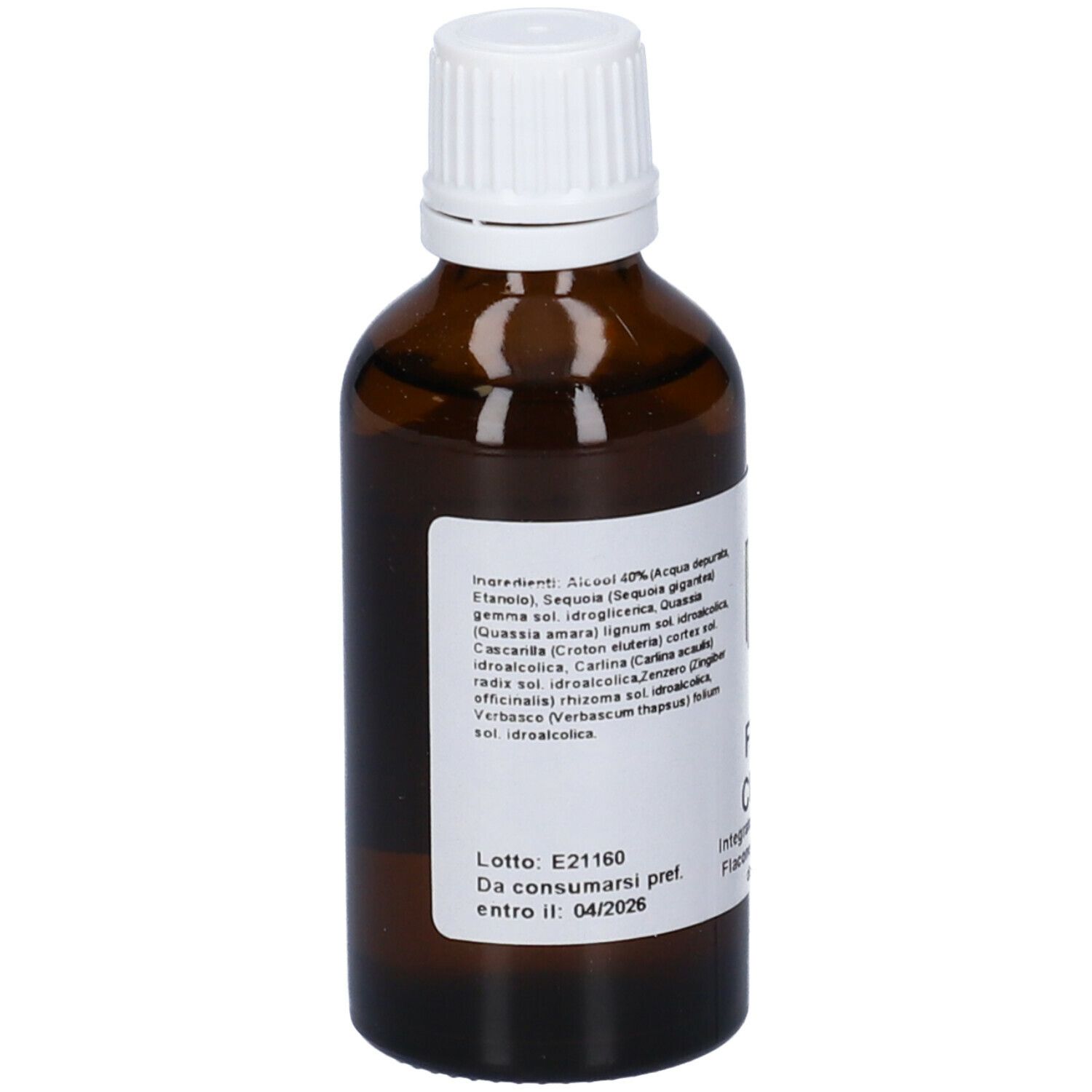 Flacone di vetro marrone con tappo bianco. Etichetta con elenco ingredienti e testo.