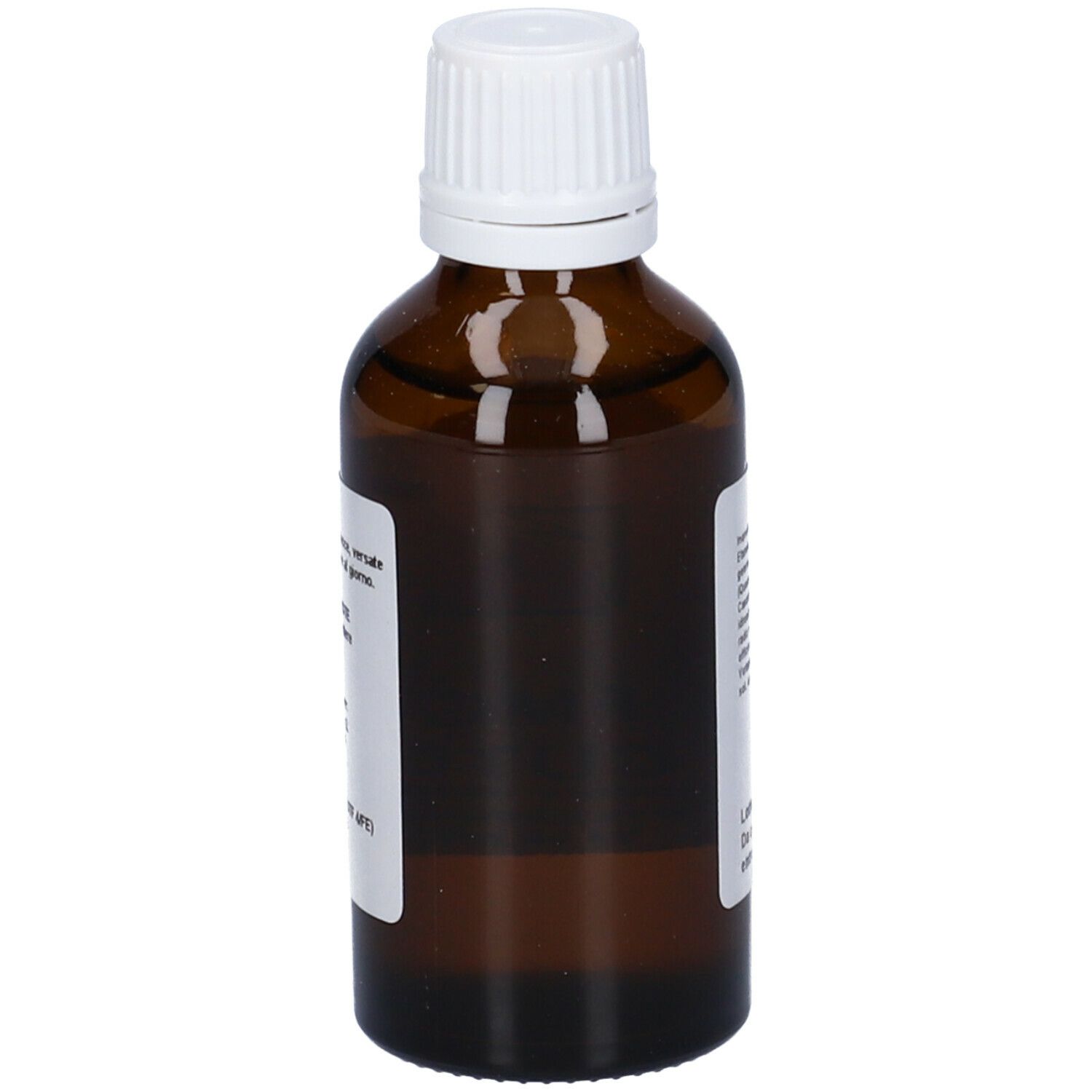 Flacone di vetro marrone con tappo bianco. Etichetta con testo.