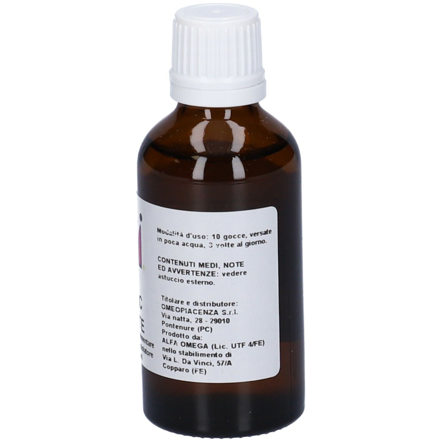 Flacone di vetro marrone con tappo bianco. Etichetta con testo.