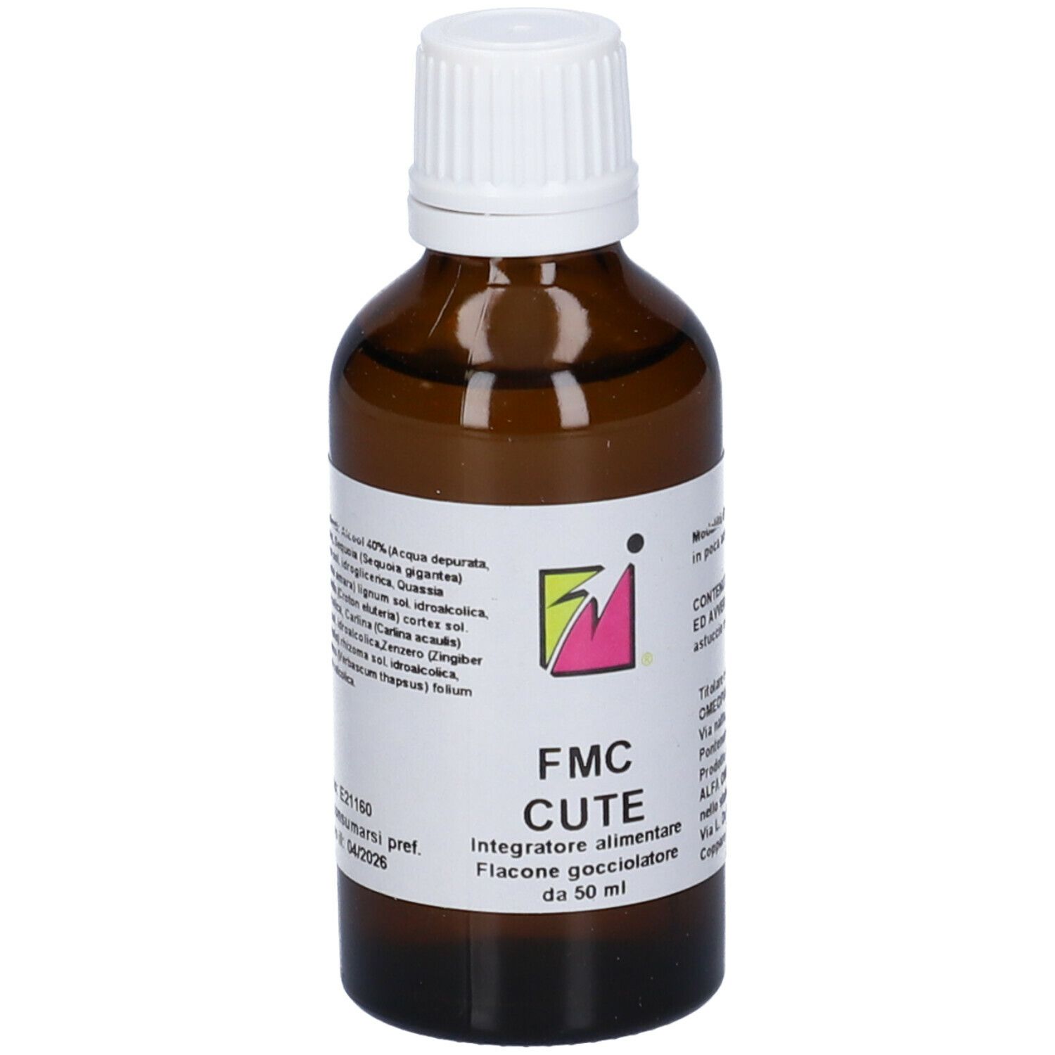 Flacone di vetro marrone con tappo bianco. Etichetta con elenco ingredienti e testo.