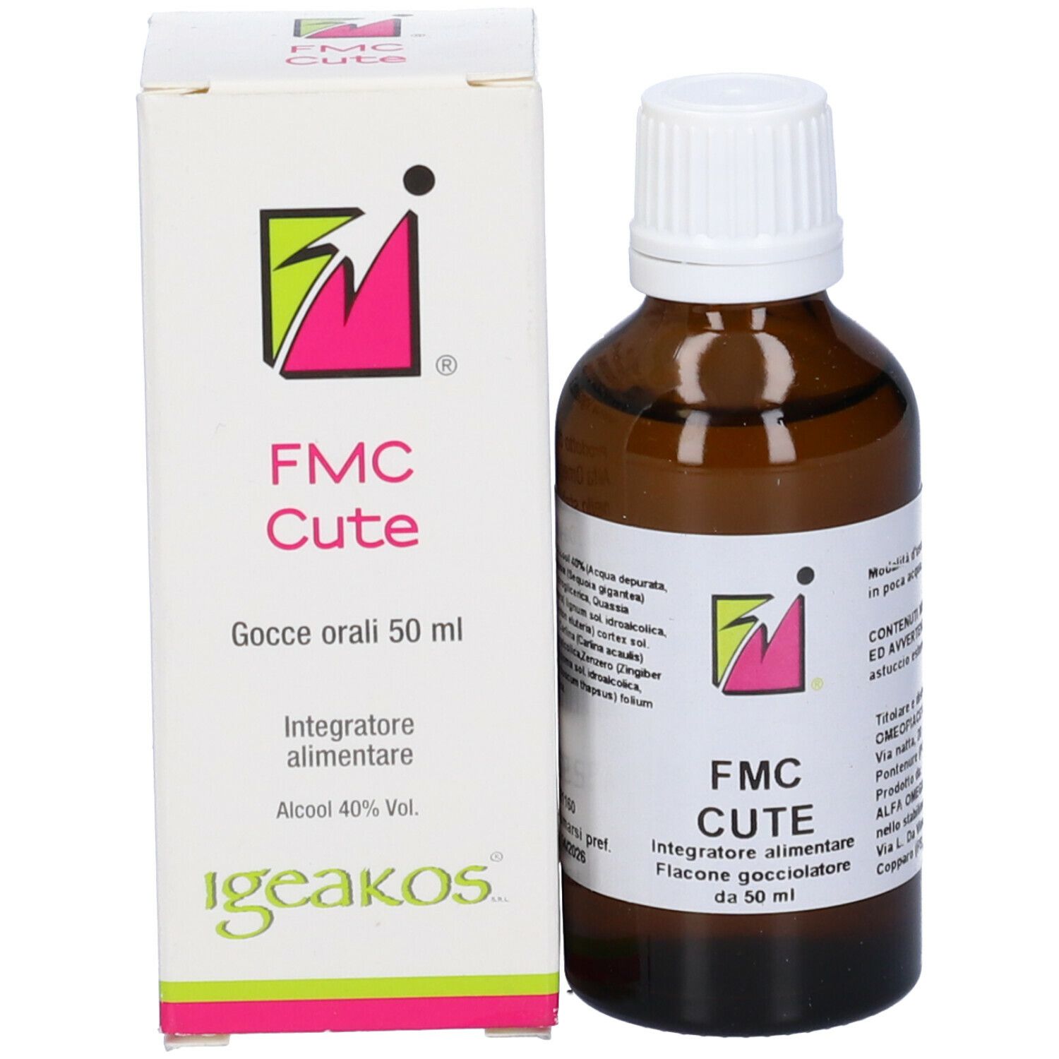 Prodotto e confezione. Flacone marrone e scatola. FMC Cute Gocce Orali 50ml.