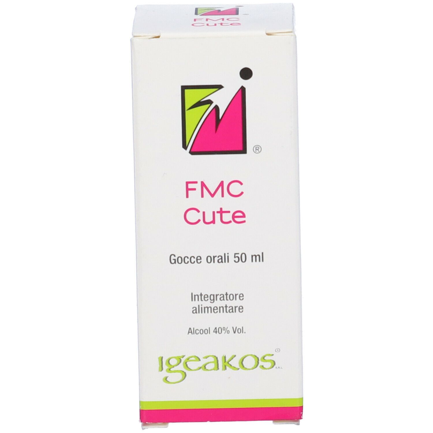 Scatola con stampa del prodotto. FMC Cute Gocce Orali 50ml. Logo Igeakos.