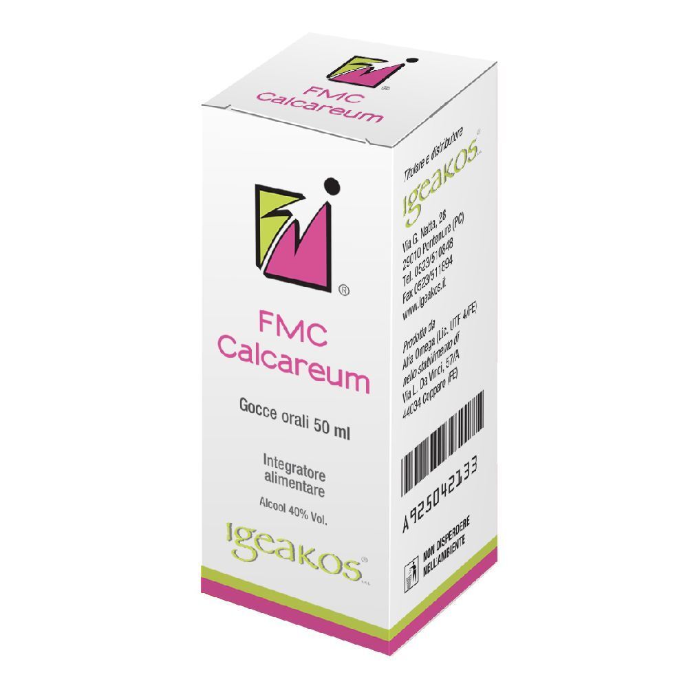 Scatola con testo: FMC Calcareum Gocce Orali 50 ml. Logo e testo. Bianco, rosa e verde.