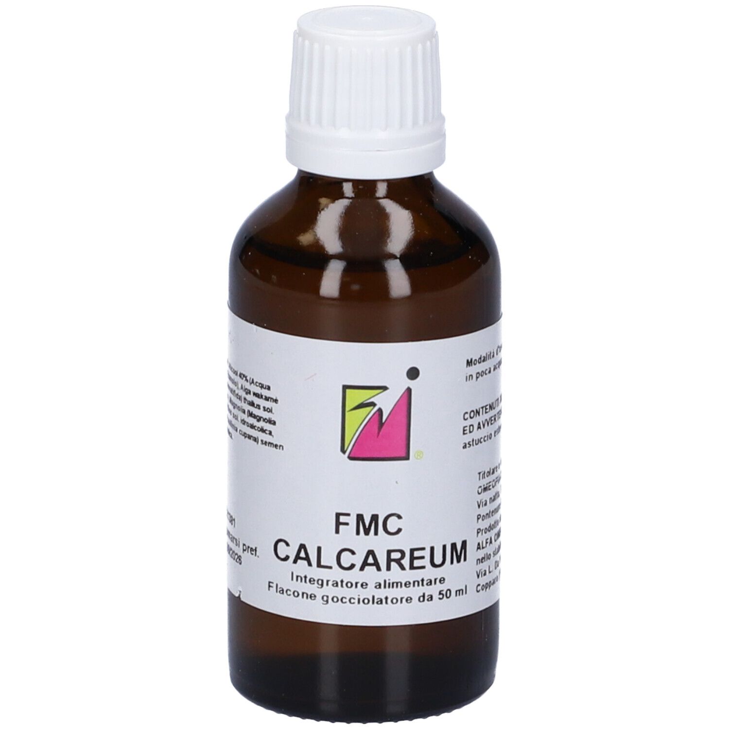 Flacone di vetro marrone con tappo bianco. Etichetta con testo: FMC Calcareum. Flacone contagocce.