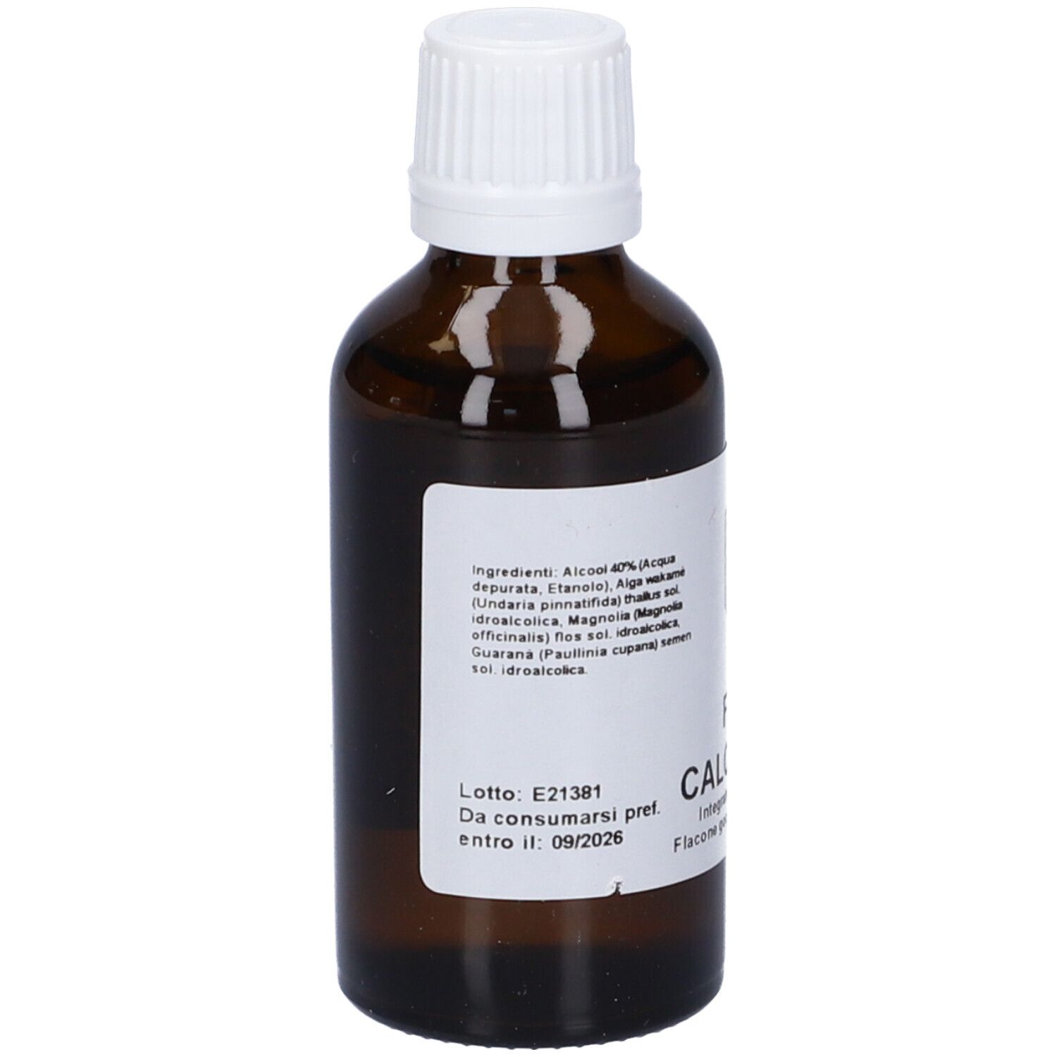 Flacone di vetro marrone con tappo bianco. Etichetta con ingredienti e testo. Flacone contagocce.