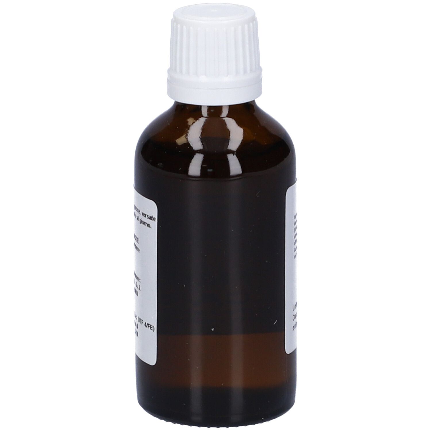 Flacone di vetro marrone con tappo bianco. Etichetta con testo. Flacone contagocce.